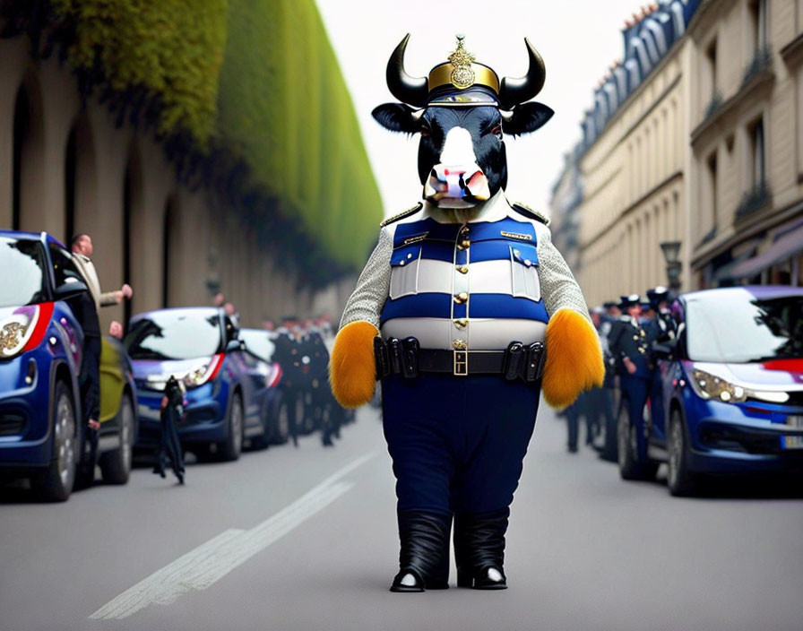 Cow in police uniform on street with officers and cars