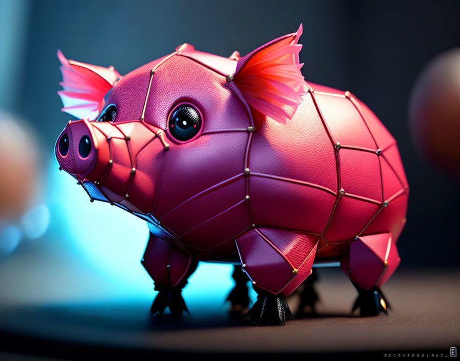 Stylized 3D-rendered pink pig with geometric body contours