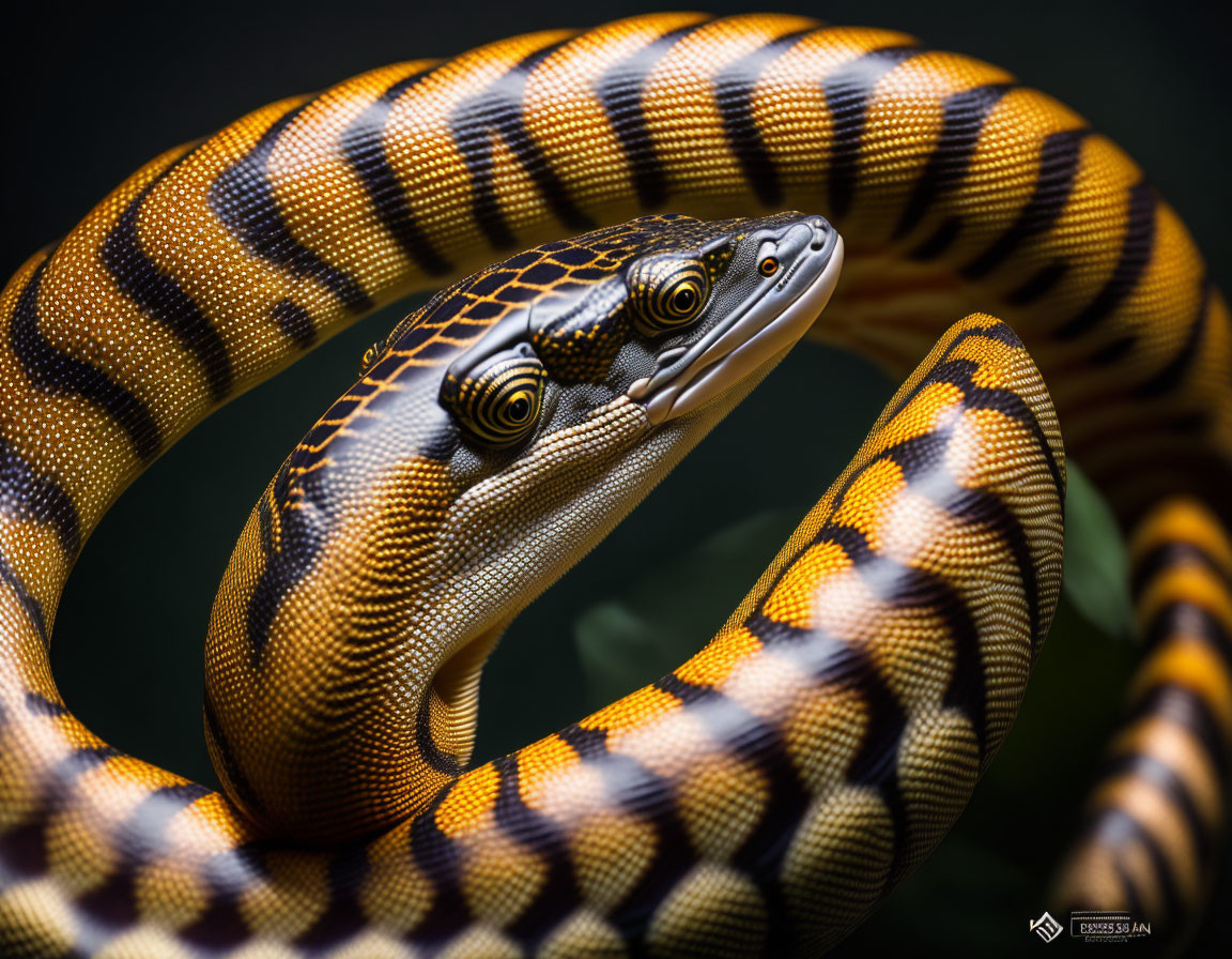 Yellow and Black Patterned Snake Coiled with Raised Head on Dark Background