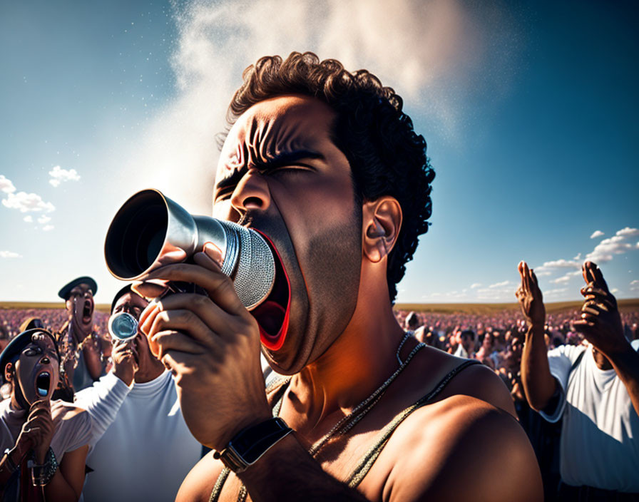 Man shouting into megaphone with expressive crowd under clear blue sky