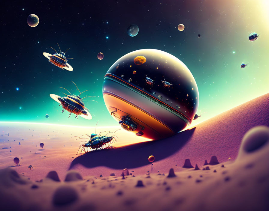 Vibrant sci-fi scene: mechanical beetles, giant sphere, alien desert, starry sky