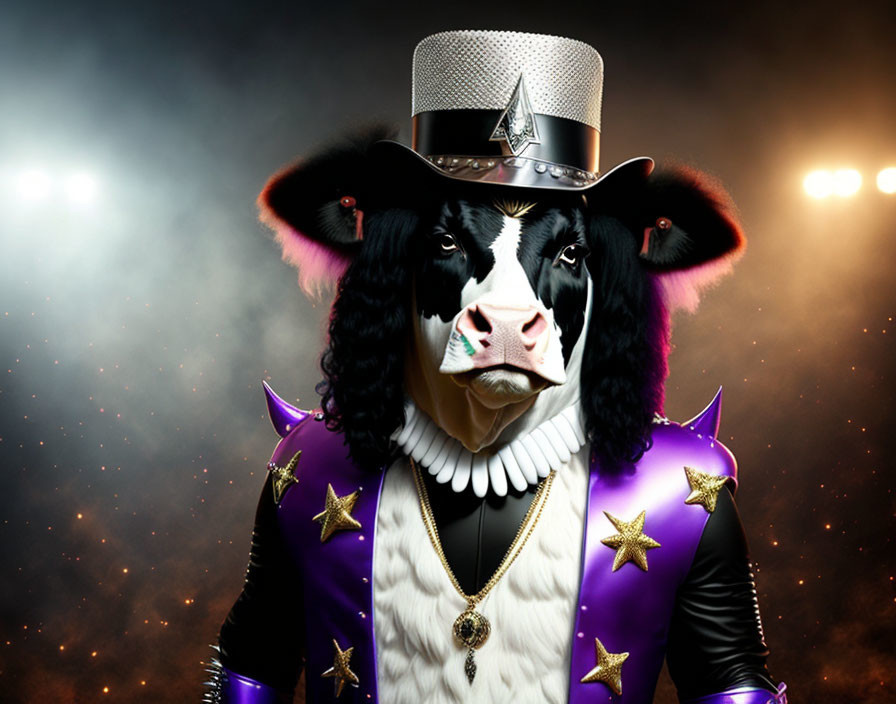 Cow in flamboyant purple outfit with gold stars and silver-tipped hat on dramatic smoky background