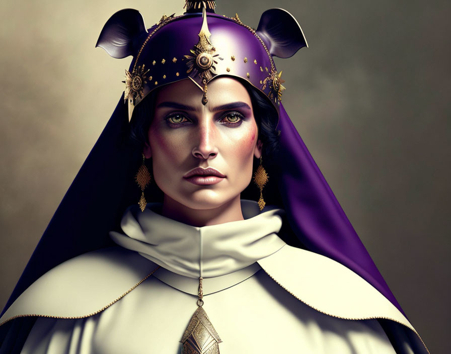 3D rendered portrait of a woman with green eyes in purple and gold helmet