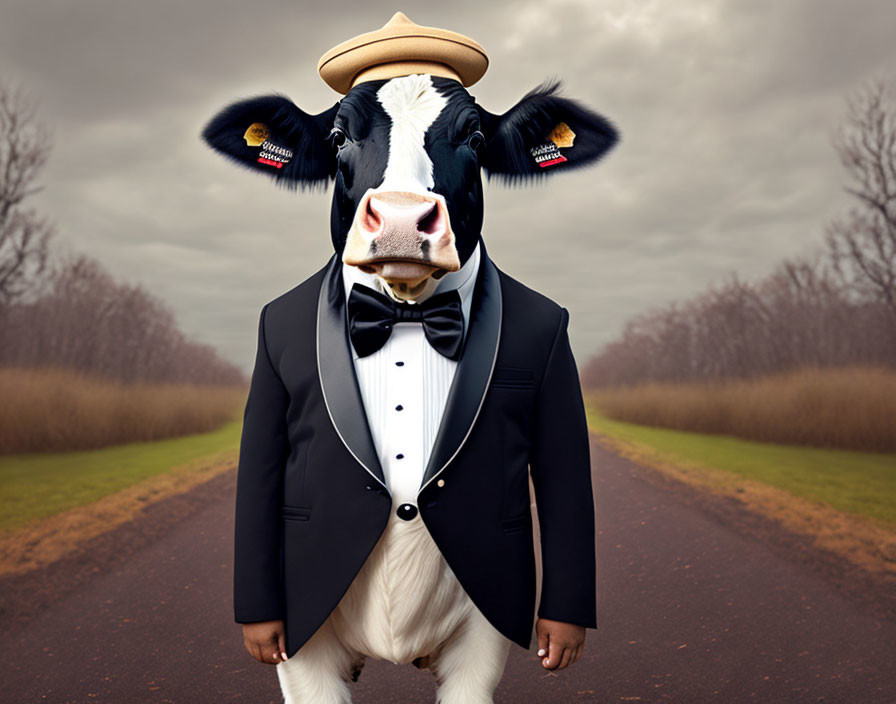 Cow with human body in tuxedo and hat on road under cloudy sky