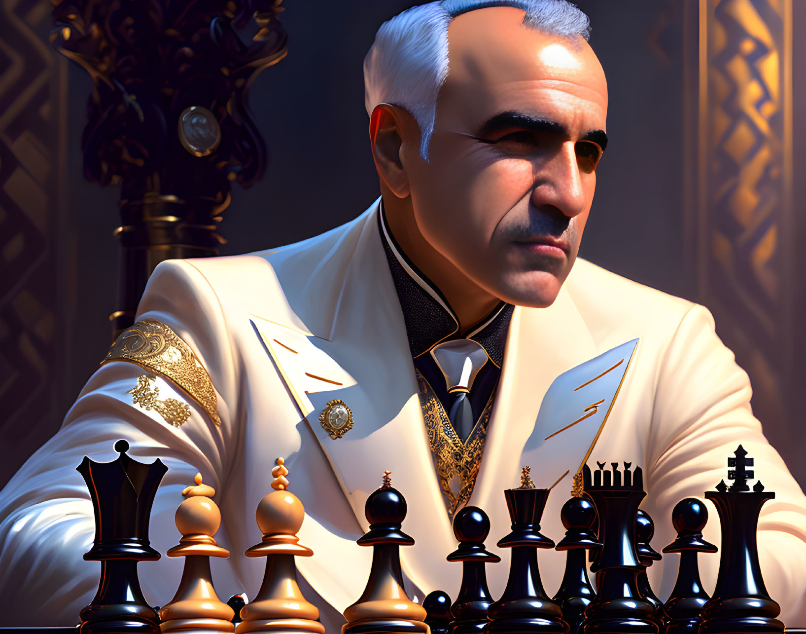 Digital artwork: Stern man in white suit with gold trim at chessboard