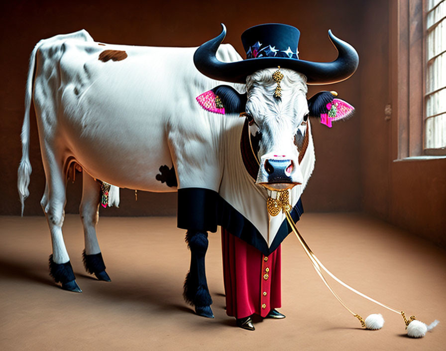 Cow in American patriotic costume with top hat and bow tie holding baton