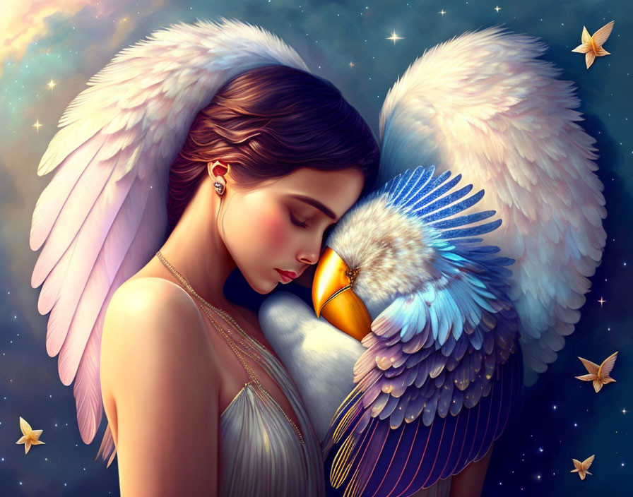 Woman with angelic wings embracing majestic bird under starry night.