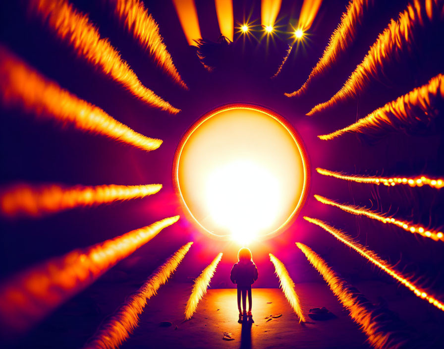 Silhouette of person in front of glowing circle with starburst effect