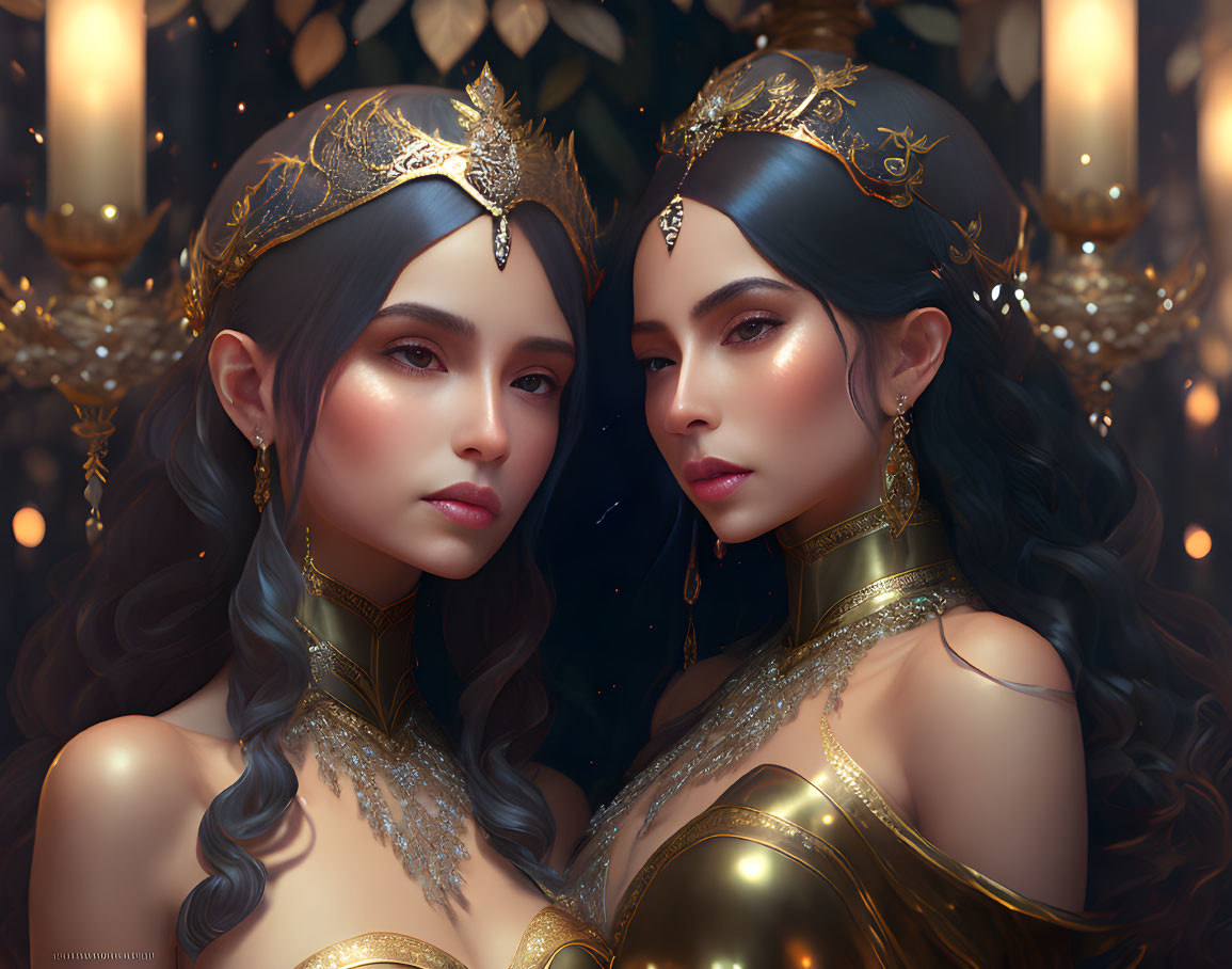 Two elegant women in ornate gold headpieces and jewelry with glowing candles.