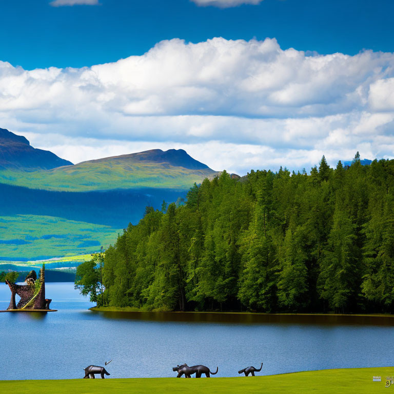 Tranquil Landscape with Green Meadow, Lake, Elephant Sculptures