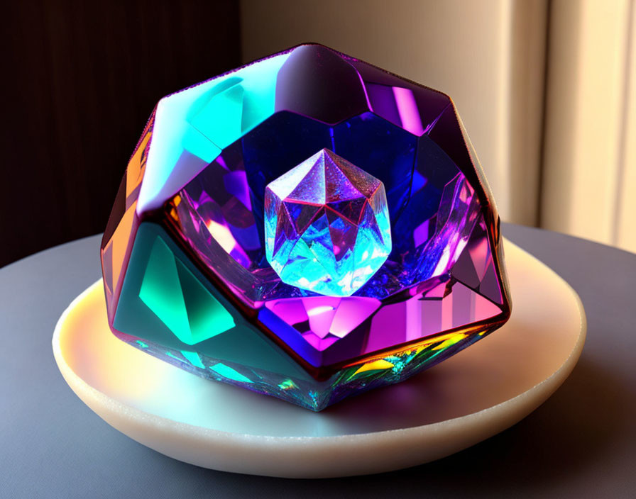 Multicolored Geometric Crystal Sculpture on White Base