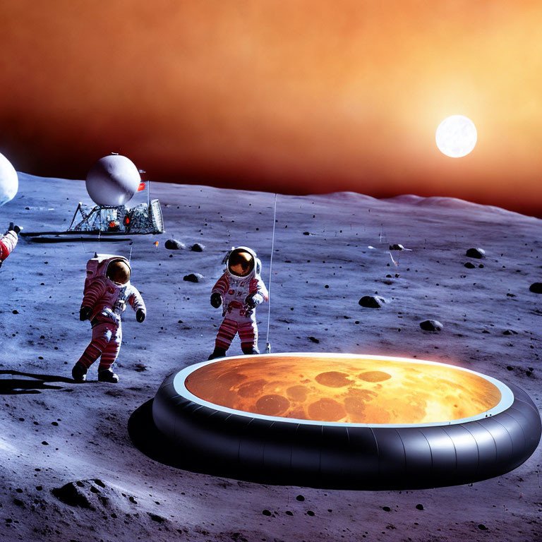 Astronauts on lunar surface with inflatable pool, Earth reflection, lander, and orange sky