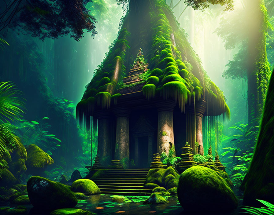 Ancient moss-covered temple in lush green forest with sunlight filtering.