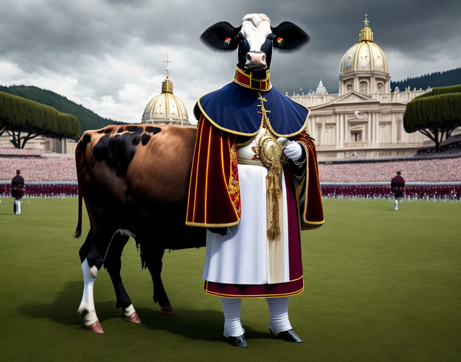 Cow with human body in papal vestments at St. Peter's Basilica.
