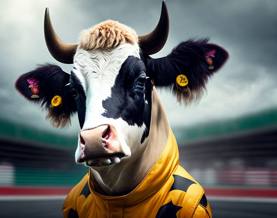 Digitally manipulated image of cow in yellow racing suit on racetrack.