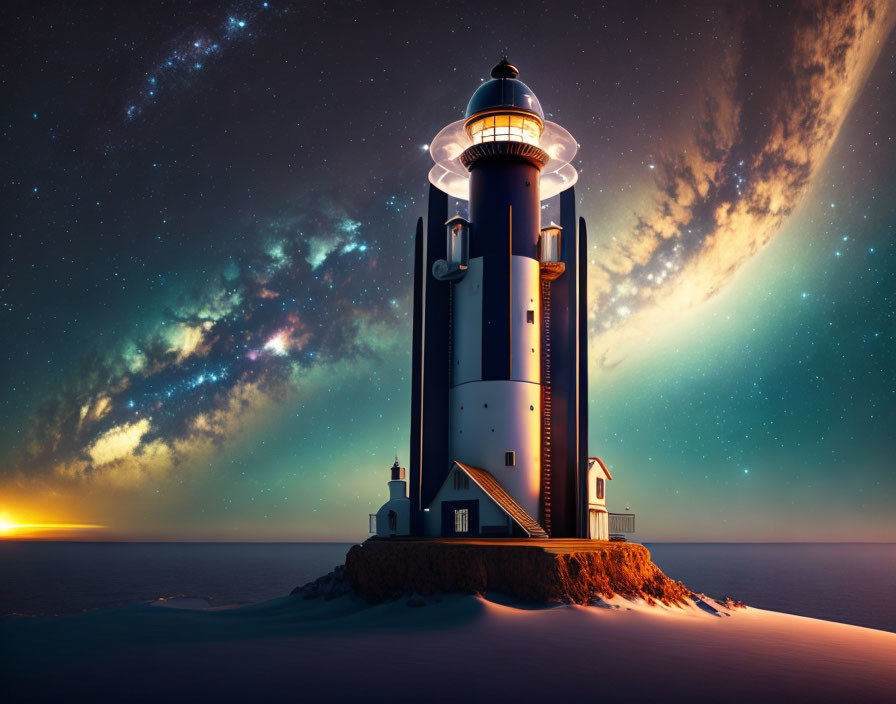 Majestic lighthouse on cliff at twilight with galaxy and sunset