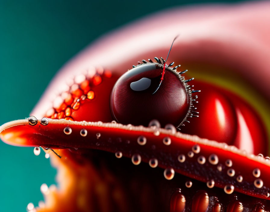 Detailed view of ladybug with water droplets, compound eye, and red-black exoskeleton