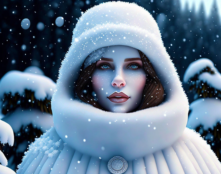 Digital artwork of woman with blue eyes in white cloak in snowy scene