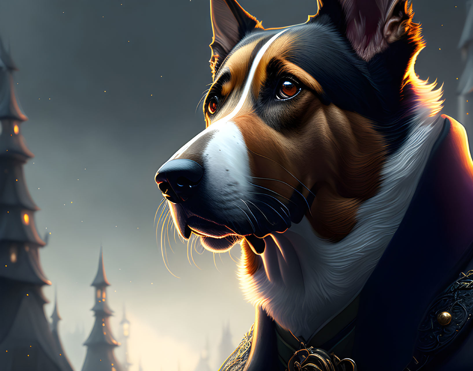 Regal Dog with Glossy Coat in Fantasy Landscape