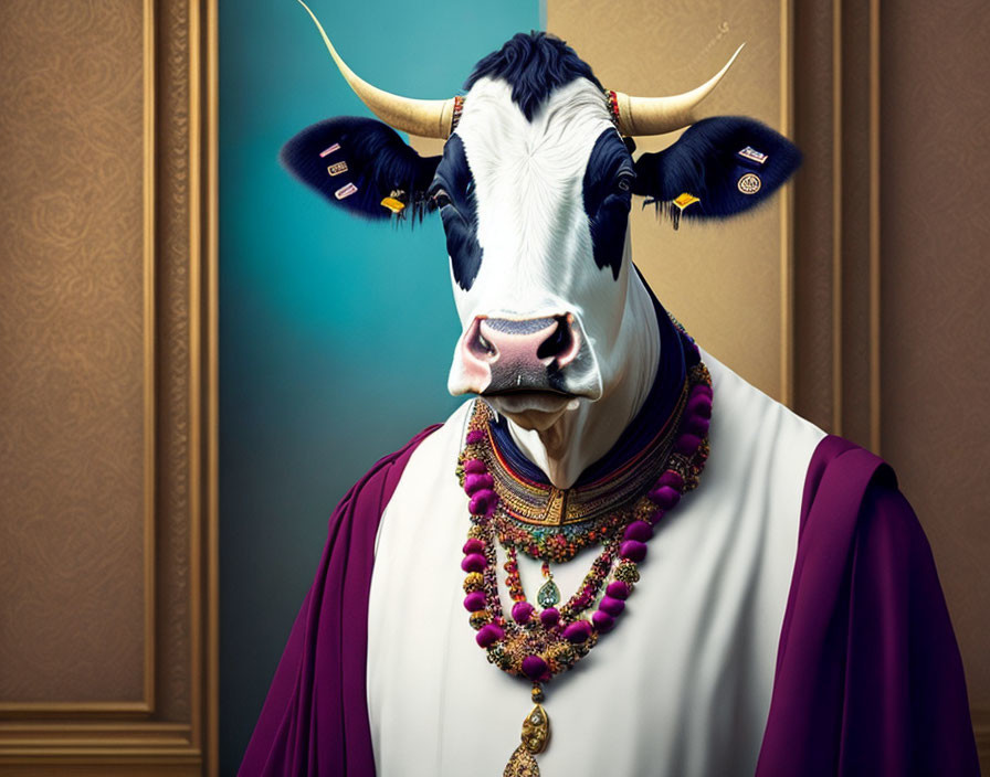 Stylized portrait of cow in human-like attire with purple cloak and jewelry on classic wallpaper.