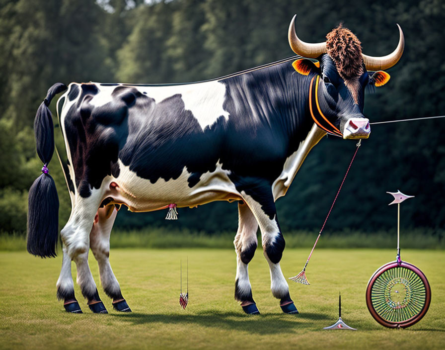 Whimsical cow with long legs aiming dart at dartboard