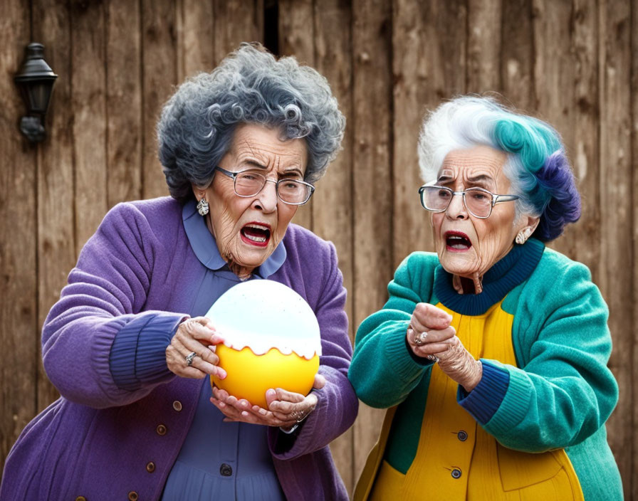 Elderly women holding glowing egg on wooden background