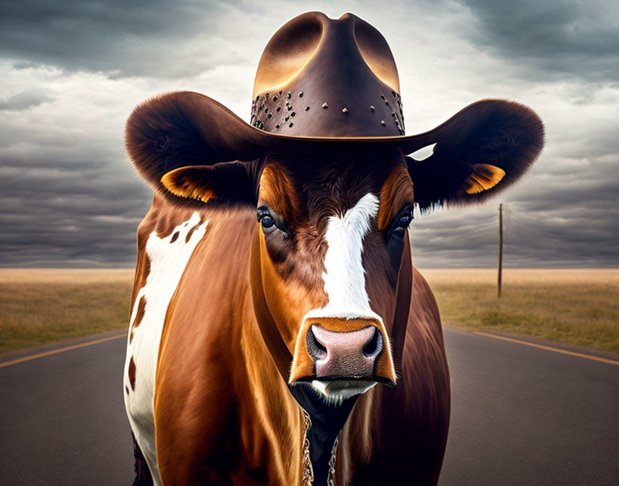 Brown and White Cow in Cowboy Hat on Road with Dramatic Sky