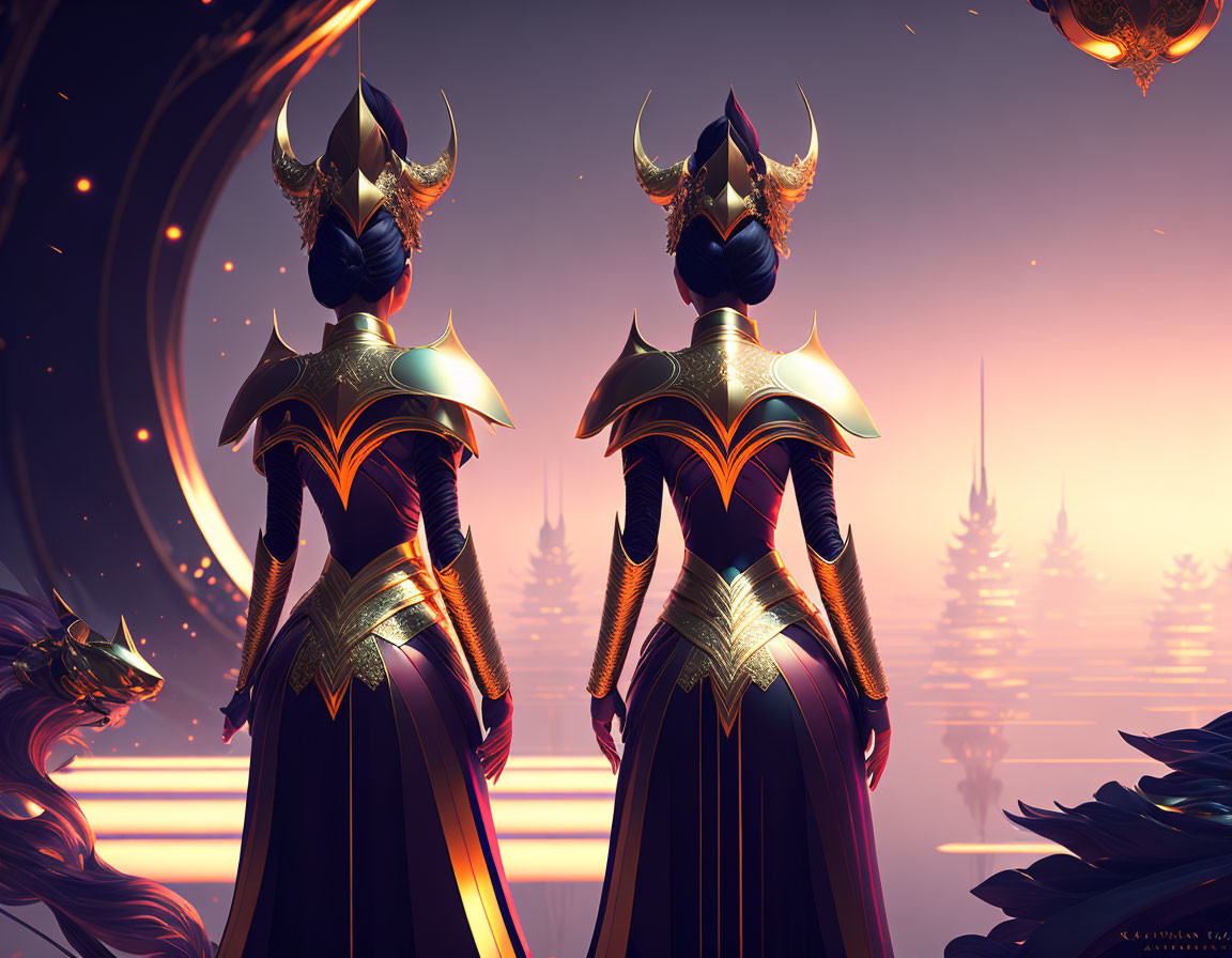 Armored female figures with horns in surreal pink landscape