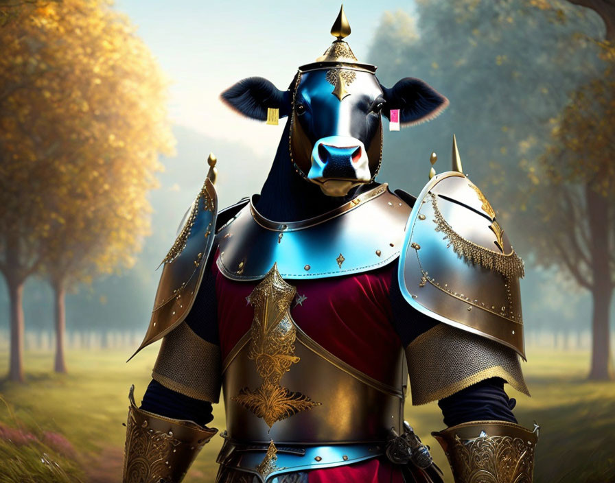 Anthropomorphic cow in medieval knight armor in autumnal forest clearing