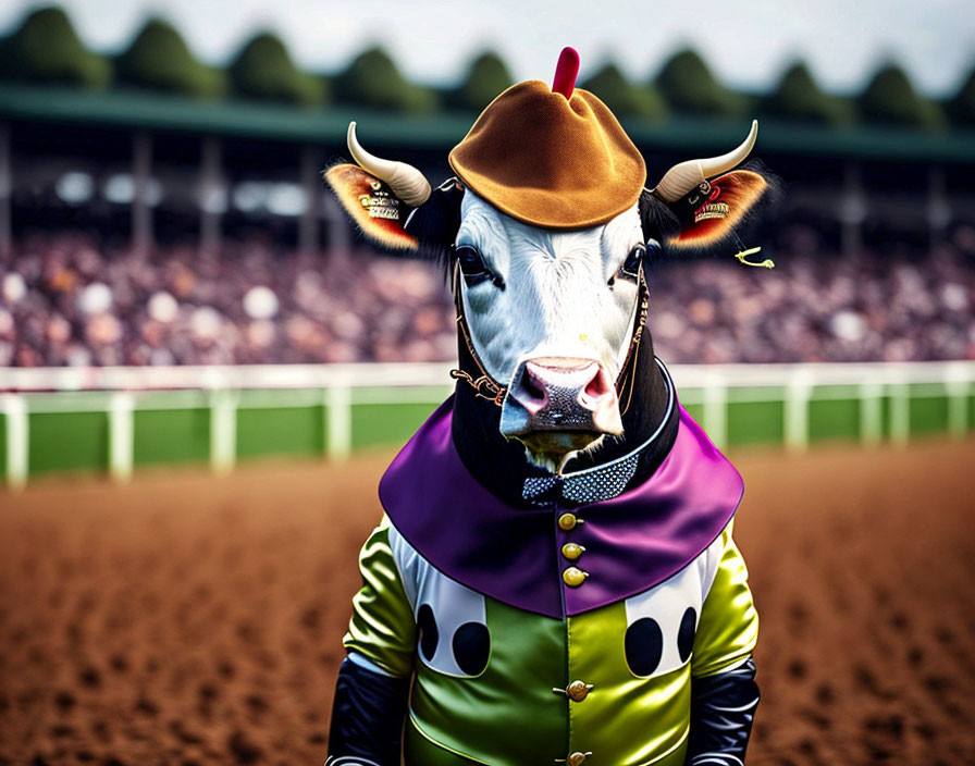 Cow in jockey outfit at horse racing track evokes whimsical surrealism