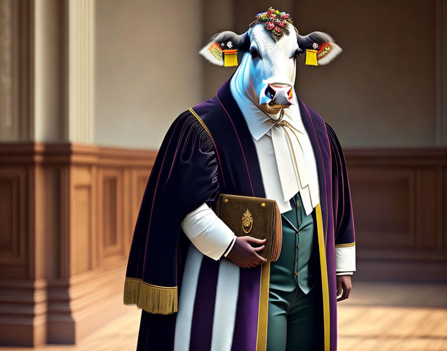 Elegant anthropomorphic cow in academic attire with book in classical hall