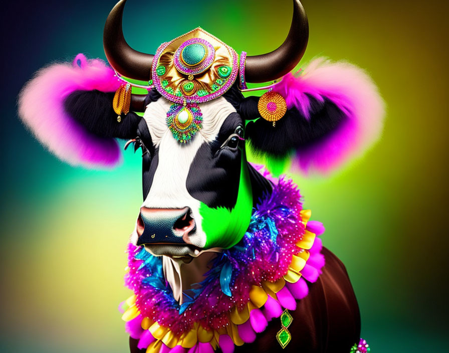 Colorful cow with decorative elements on vibrant background