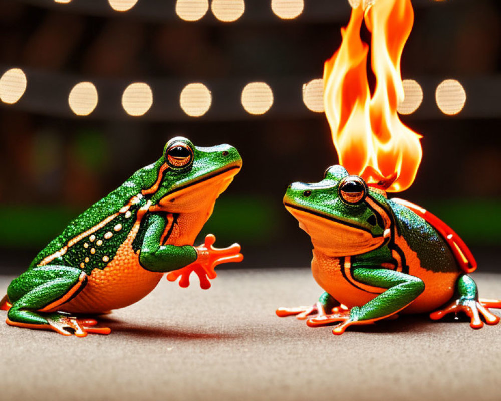 Vibrant green and orange frogs with fire between them on bokeh background