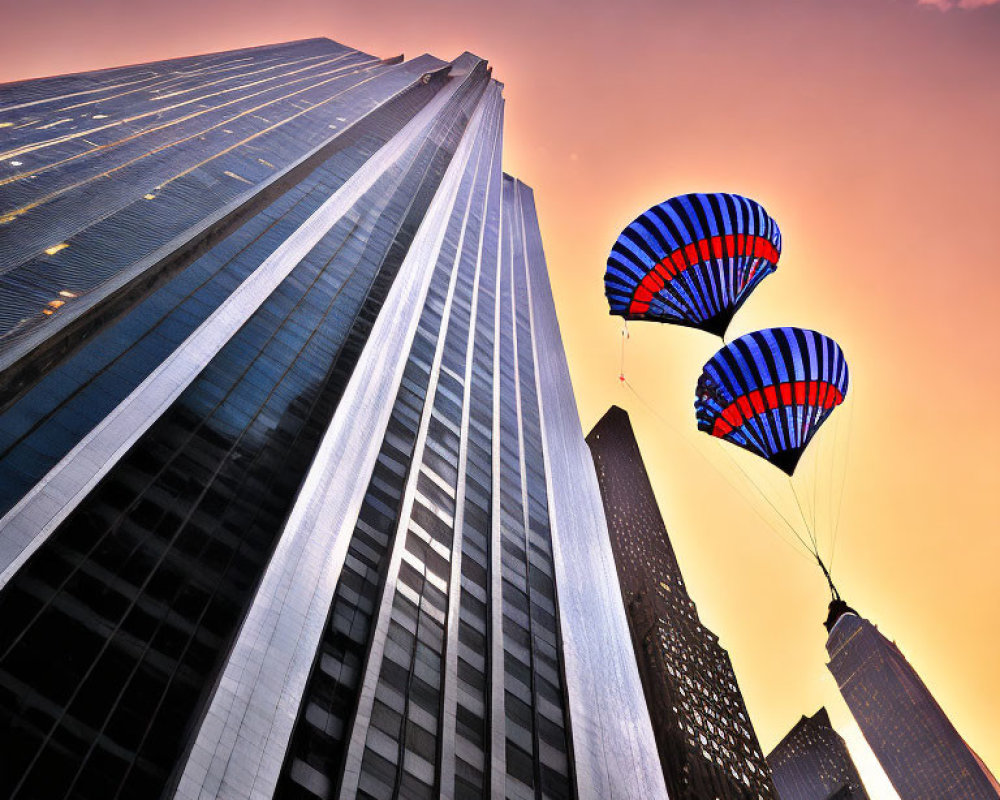 Parachutes descending in urban sunset scene