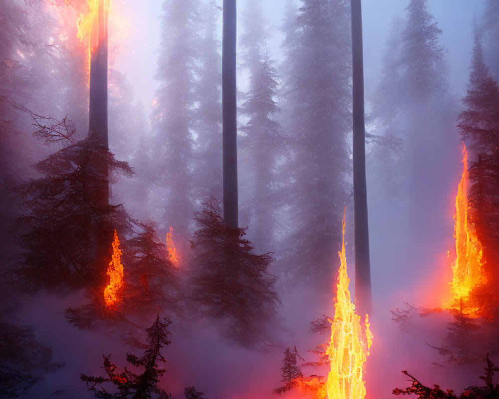 Misty forest with eerie red light among trees