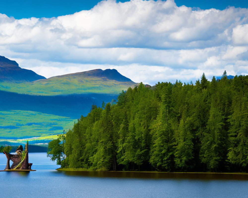 Tranquil Landscape with Green Meadow, Lake, Elephant Sculptures