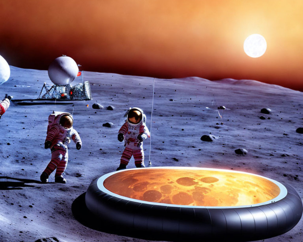 Astronauts on lunar surface with inflatable pool, Earth reflection, lander, and orange sky