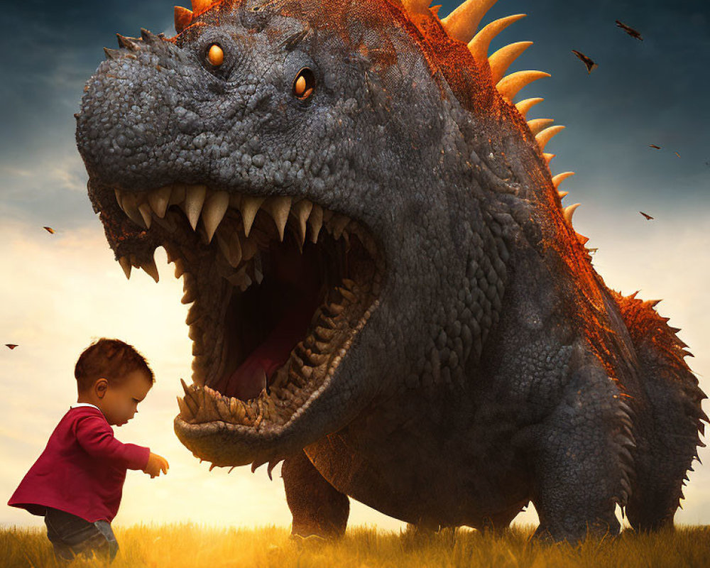 Child in red top faces snarling dinosaur under dramatic sky