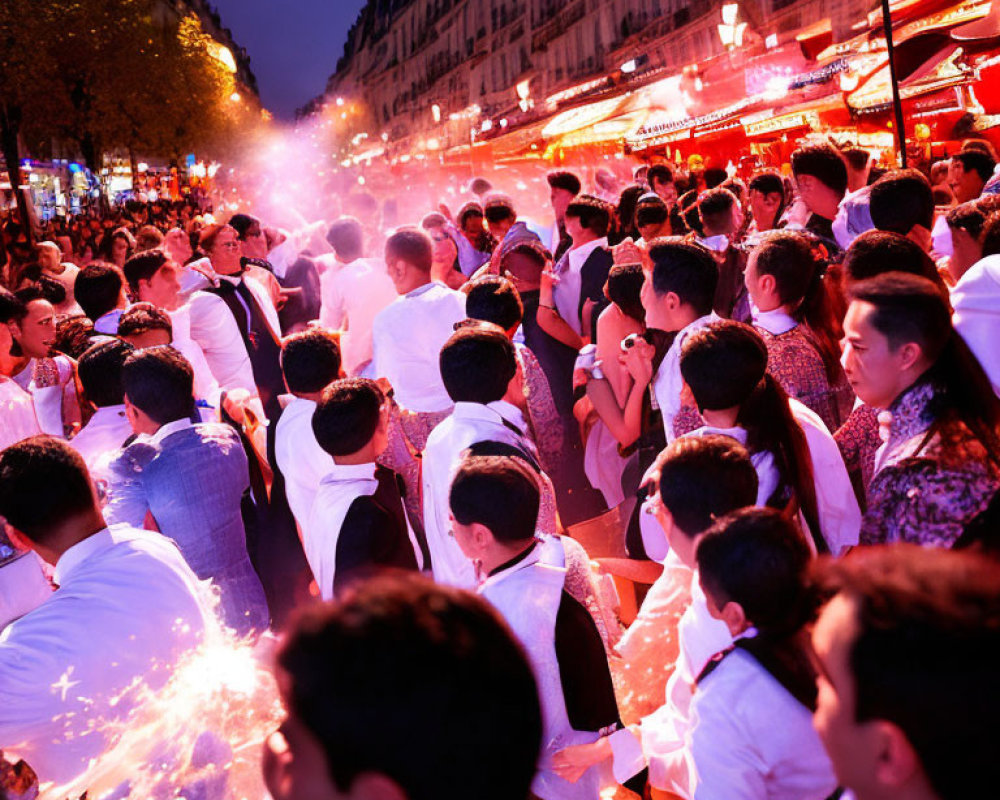 Nighttime street scene with formal attire and sparklers creating a festive ambiance