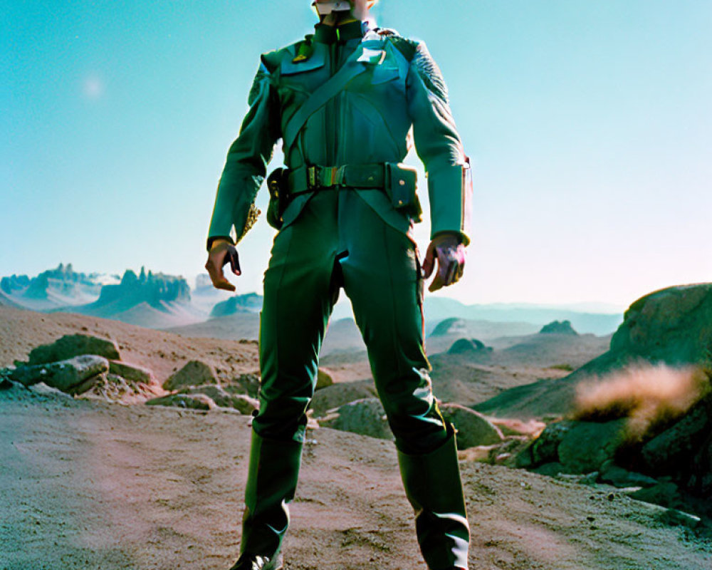 Futuristic military figure on rocky alien terrain