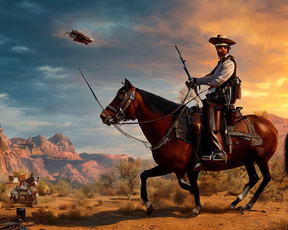 Futuristic cowboy on horse with drones and robotic dogs in desert sunset