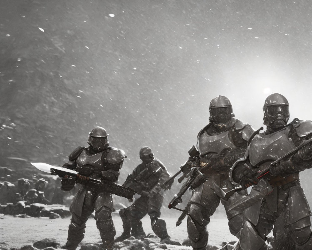 Futuristic soldiers in armor marching through snowy landscape