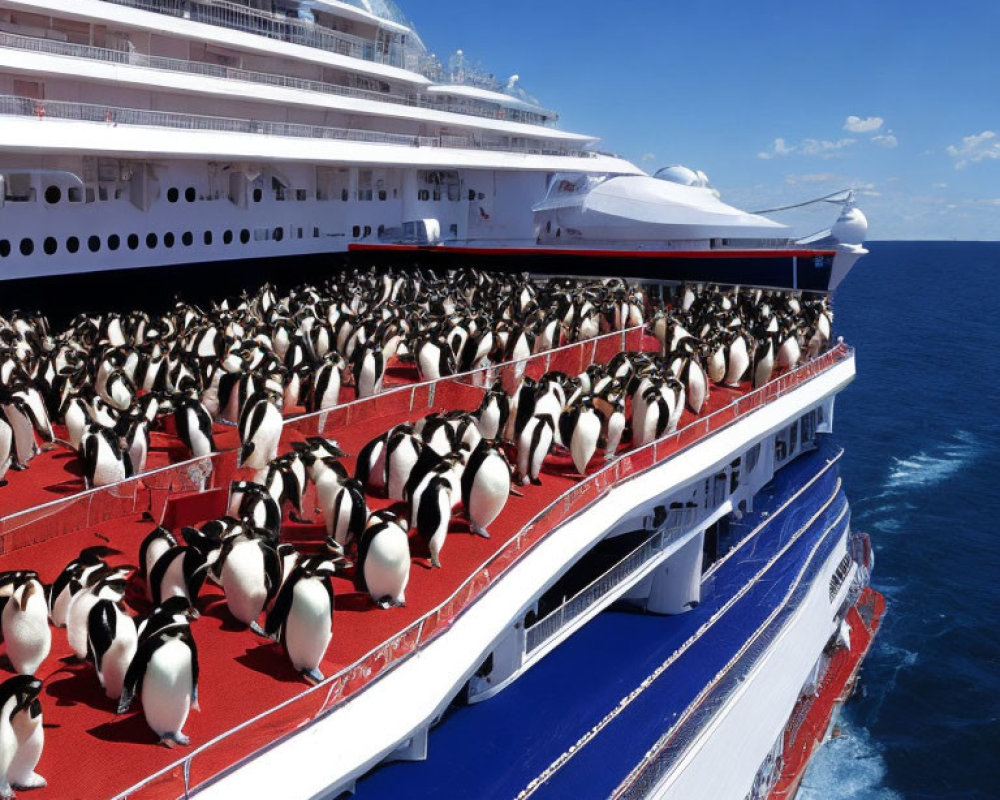 Crowded cruise ship deck with penguins looking out to sea