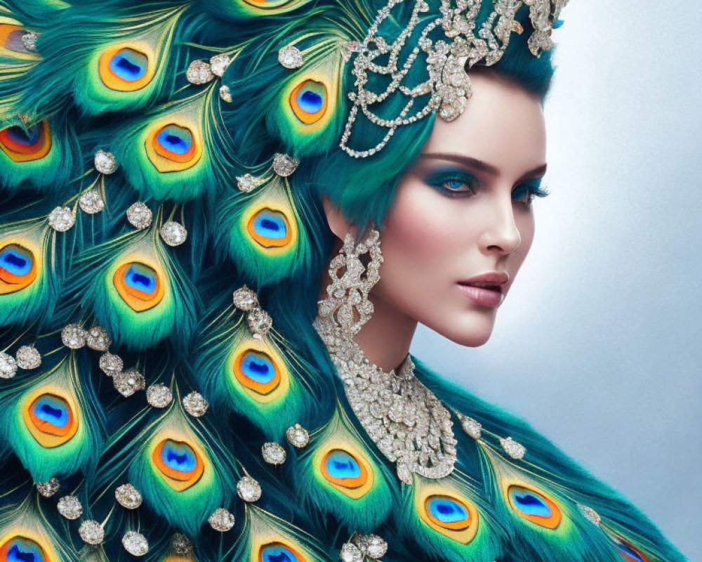 Regal woman in peacock feather attire and jeweled accessories