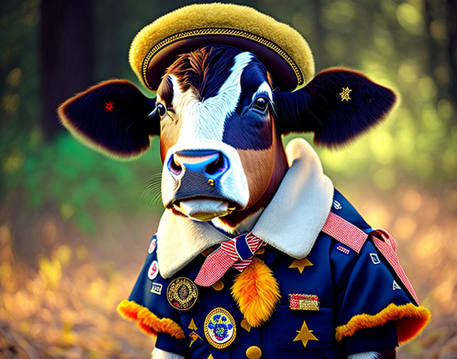 Cow in Boy Scout uniform in sunlit forest