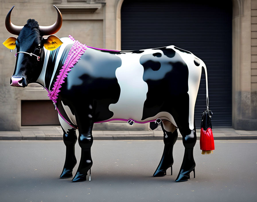 Digitally altered image of a cow in high heels on city street