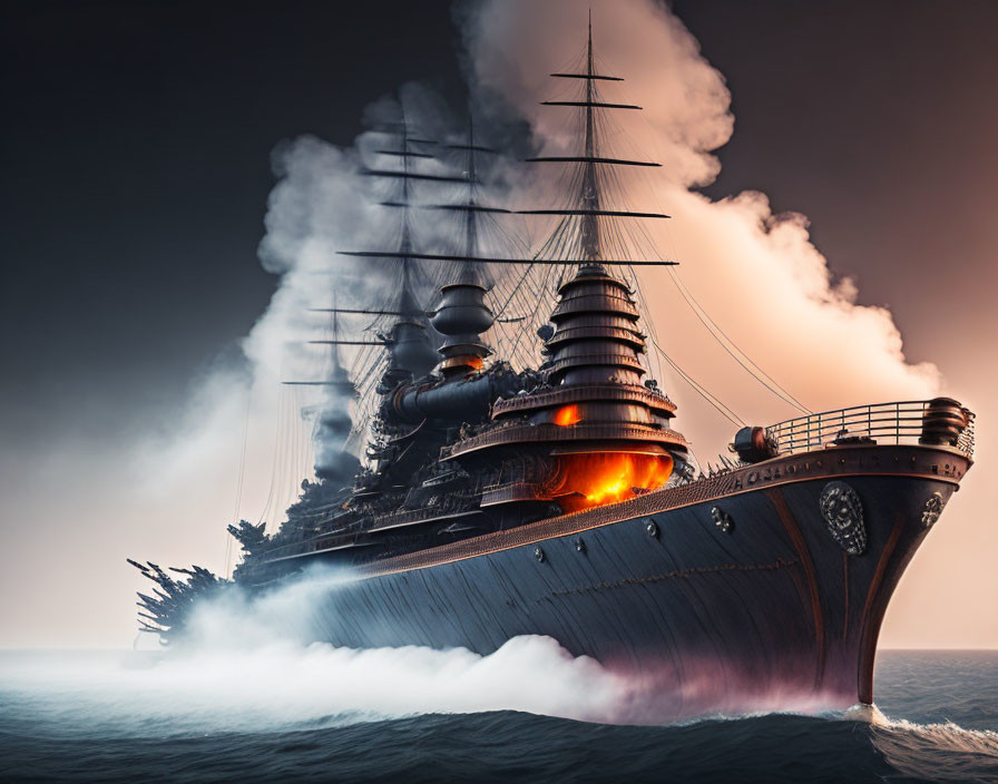 Battleship sailing through misty seas with billowing smoke and flames under dramatic sky