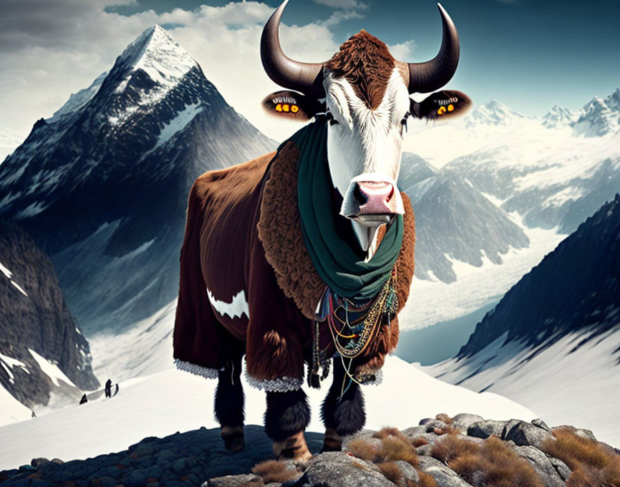 Yak with Scarf and Sunglasses in Snowy Landscape