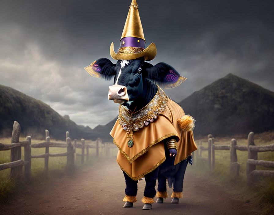 Colorful standing cow in gold cape and hat on rural road under stormy skies