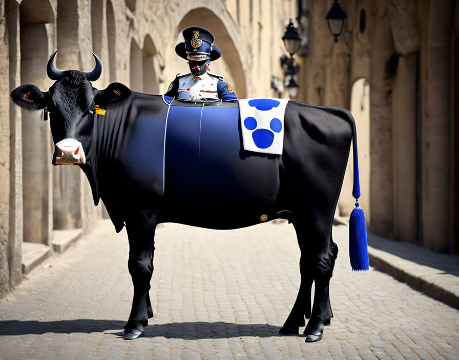 Person in formal uniform sitting on black cow in European-style alley